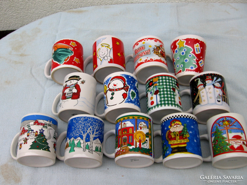 Retro mugs, angelic, snowman, Santa Claus, Christmas scenes