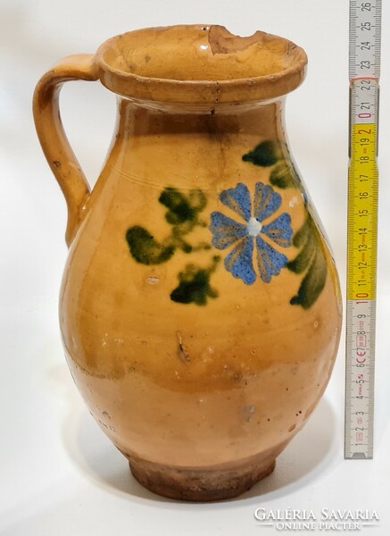 Folk, dark blue floral pattern, light brown glazed ceramic milk jug (2433)