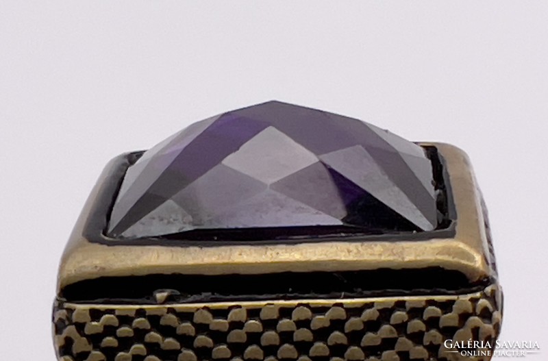 Antique style Israeli silver signet ring with translucent special dark purple faceted glass