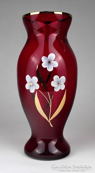 1L463 Régi piros kézzel festett aranyozott üveg váza 20 cm