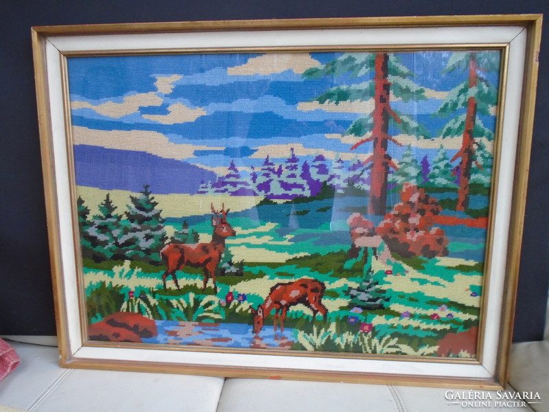 Szép régi gobelin üvegezett fa keretben  kézimunka