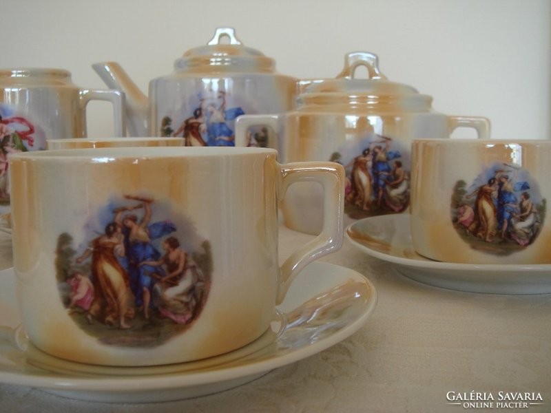 Old Zsolnay porcelain tea set art deco scene set with 13 shield seals