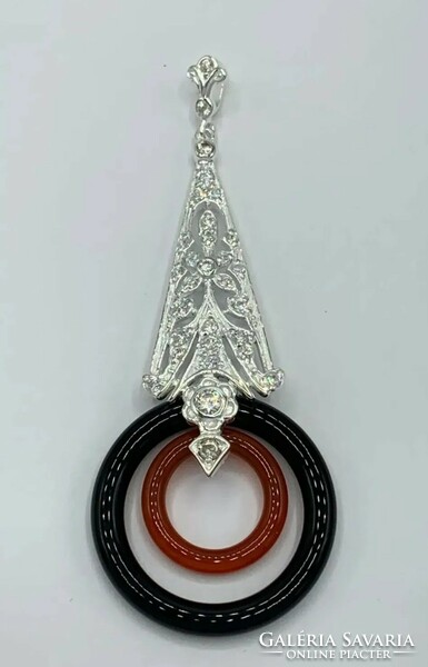 Art deco style carnelian - onyx gemstone sterling silver /925/ pendant 14k gold plated -new