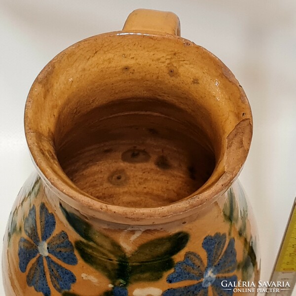 Folk, dark blue floral pattern, light brown glazed ceramic milk jug (2433)