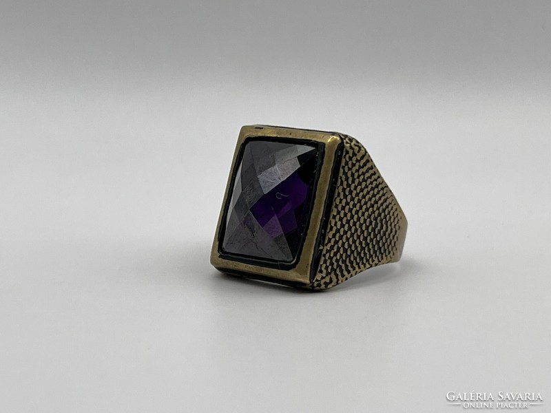 Antique style Israeli silver signet ring with translucent special dark purple faceted glass