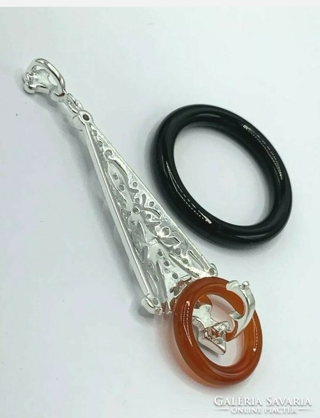 Art deco style carnelian - onyx gemstone sterling silver /925/ pendant 14k gold plated -new