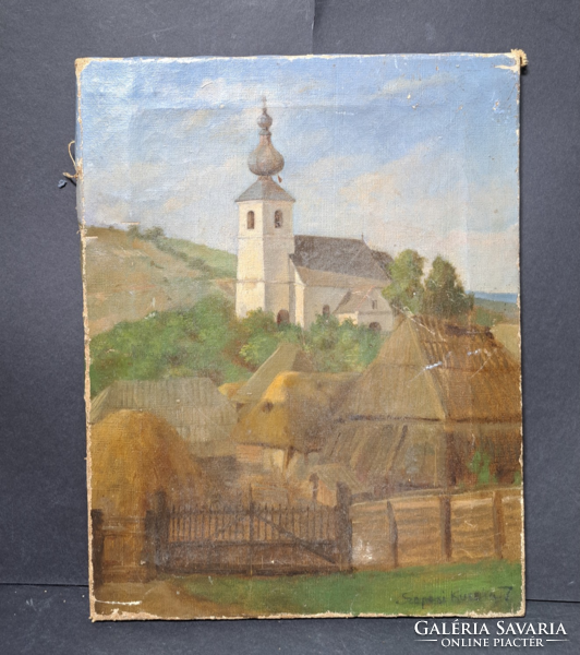Szepesi Kuszka Jenő (1885-1948): Városkép templommal (olaj, vászon, 30x23 cm) szignózott