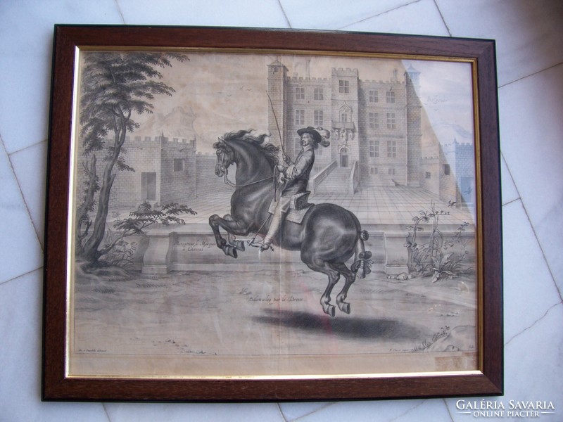 Antique engraving from 1658 p. From Clouwet: page on the art of riding. From a collection of engravings