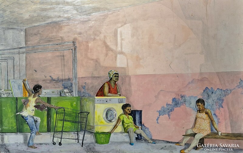 Life with a washing machine - modern, contemporary oil painting - by sam smith, 1976 - 64x42 cm - kaffee klatsch