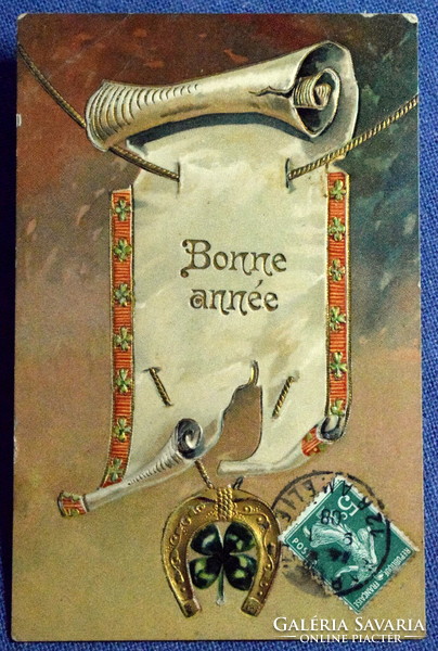 Antik dombornyomott Újévi üdvözlő litho képeslap pergament hirdetmény arany patkóval lóhere