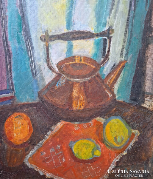 Gabriella Fáber (1903-1982): still life (with frame 52x46 cm) gallery - teapot, lemon, orange