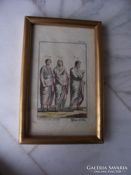 Antique hand-colored copper engraving, Vienna, 1708: noble Roman men in togas - framed, under glass.