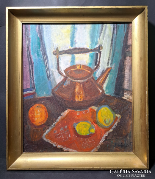 Fáber Gabriella (1903-1982): Csendélet (52x46 cm kerettel) Képcsarnokos - teáskanna, citrom, narancs