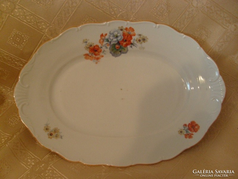 Antique large flower-decorated porcelain serving dish for steaks and fish, 33 x 22 x 4.5 cm high