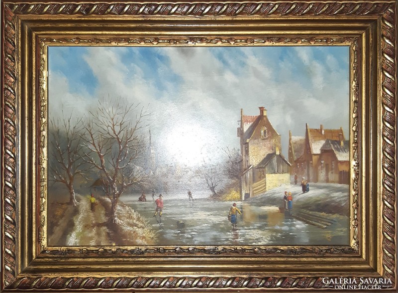 Flemish still life/genre image: skaters on the frozen river