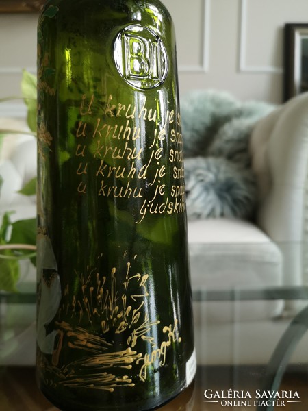 Hand-painted glass, bottle, folk scene, poem 30 x 11 cm