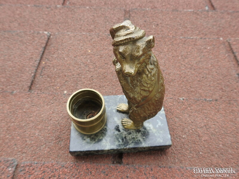 Antique bronze bear with honey bucket on marble base - antique figural storage