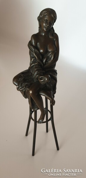 Bronze statue of a lady sitting on a chair with an apple - pierre collinet