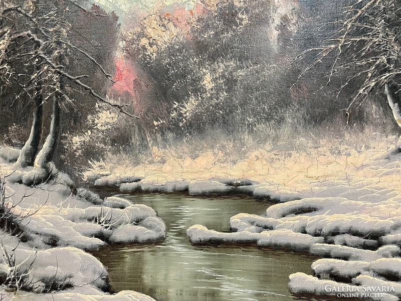 László Neogrády - streamside winter landscape / oil painting