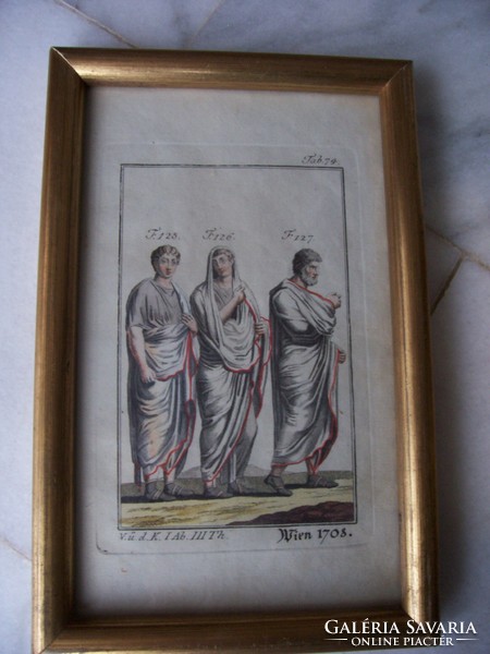 Antique hand-colored copper engraving, Vienna, 1708: noble Roman men in togas - framed, under glass.