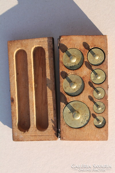 Pharmacy scale copper weights in a wooden box