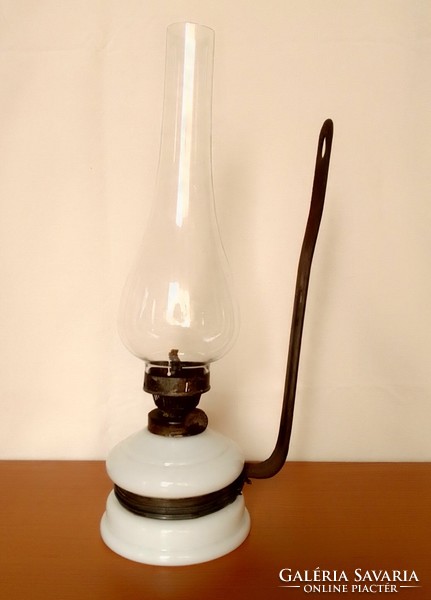 Antique old wall hanging kerosene lamp milk glass body with blown glass cylinder