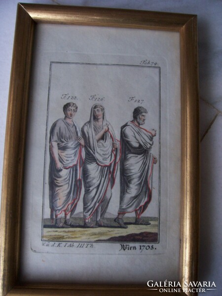 Antique hand-colored copper engraving, Vienna, 1708: noble Roman men in togas - framed, under glass.