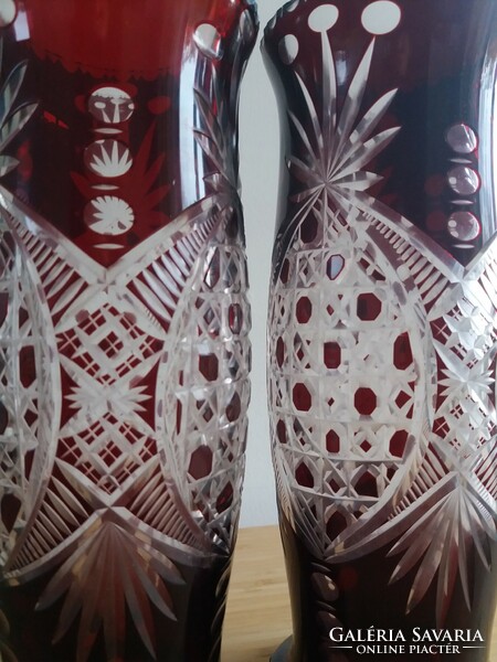 Pair of 2 burgundy polished lead crystal vases