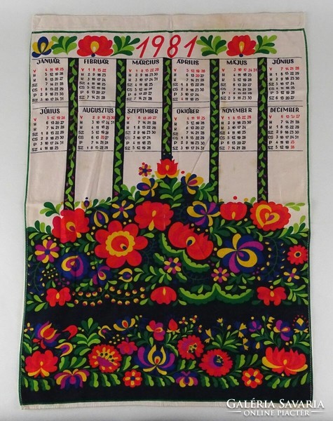 1L506 old colorful floral canvas wall calendar 1981