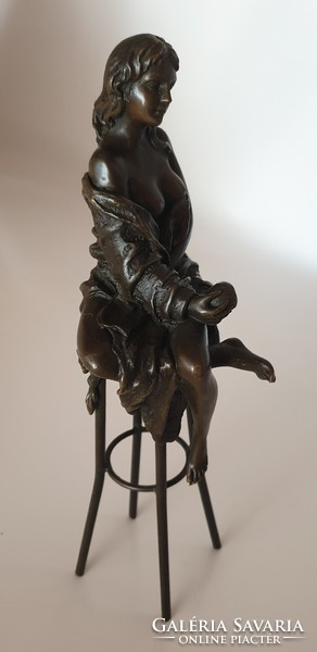 Bronze statue of a lady sitting on a chair with an apple - pierre collinet