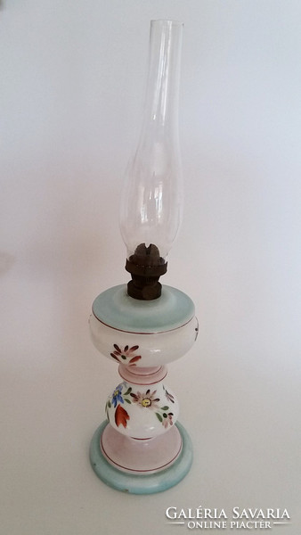 Régi antik fújt szakított hutaüveg népi festett huta üveg petróleumlámpa petróleum lámpa