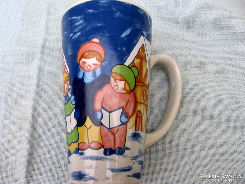 Large cappuccino mug with an artistic Christmas scene of singing children, like a children's drawing
