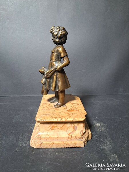 Little girl with a toy doll - bronze statue on a granite plinth - total height 19 cm