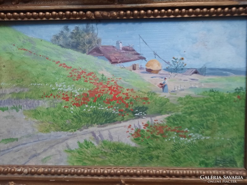 Sándor Novák: poppy landscape with farmhouse - original marked olive tree