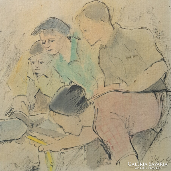 Gusztáv Végh (1889 - 1973): Pál street boys, ink, watercolor, paper (full size: 35x29 cm)