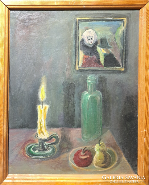 Still life with candles and fruits - szabó s. 1998 (Oil painting with frame 54x43 cm) interior