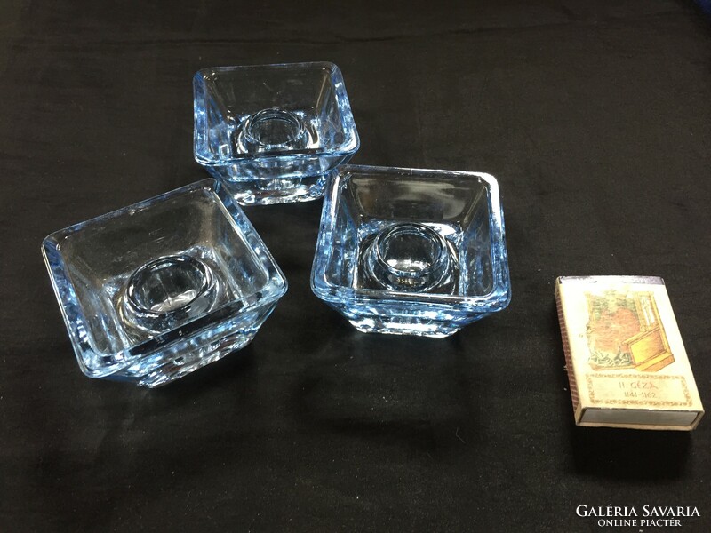 3 pale blue cast glass candle holders (20/e2)