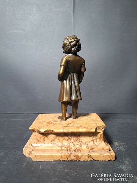 Little girl with a toy doll - bronze statue on a granite plinth - total height 19 cm