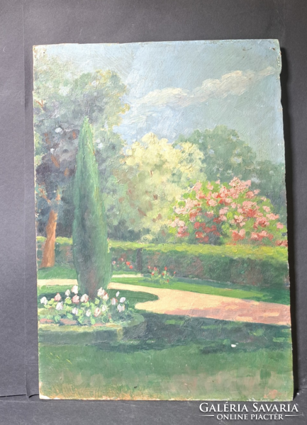 Parkban - vidám, nyári tájkép (régi olajfestmény) természet, virágok - kassai festőművész?