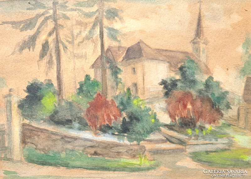 Jenő Szantrucsek (1903-1965): Sümegcseh, 1958 (watercolor) Zala street view with church, Jenő Santrucek