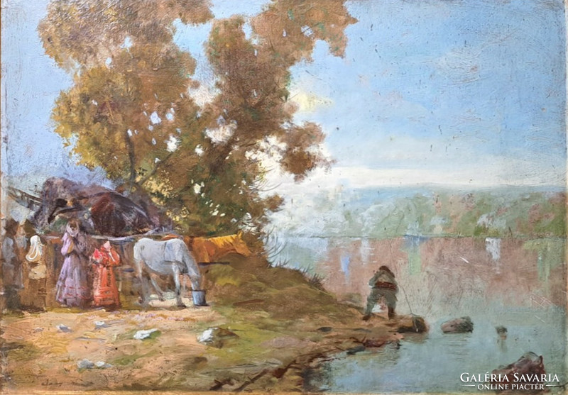 Fisherman's farm (oil painting, framed 90x70 cm) in the manner of lime gauze - unidentified mark