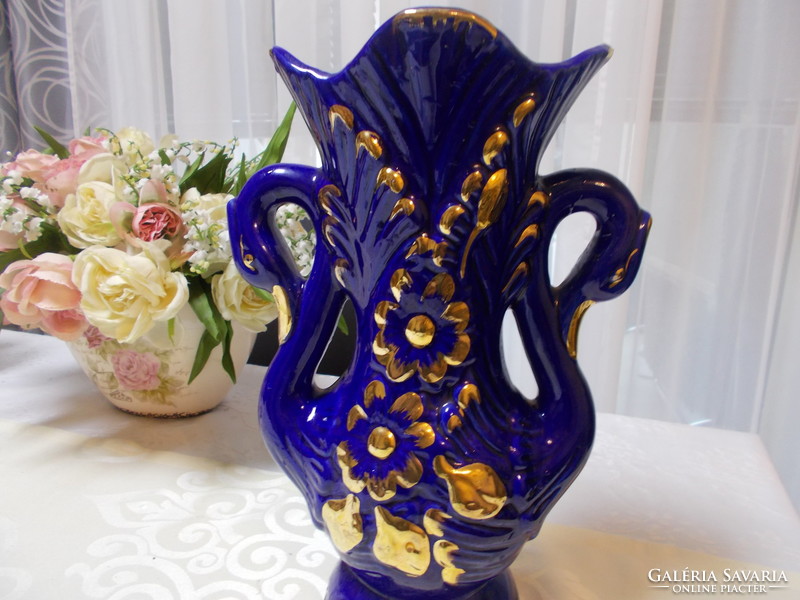 Hatalmas szépséges régi kék arany dekoros Bohemia kézzel festett jelzett nagy váza hibátlan