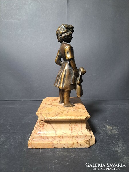 Little girl with a toy doll - bronze statue on a granite plinth - total height 19 cm