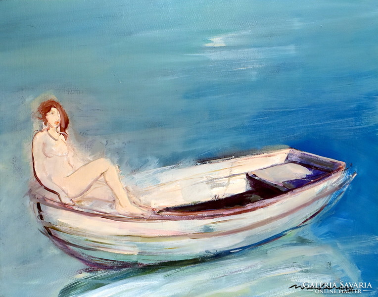 Tamás György Madarassy (1947) nude in a boat