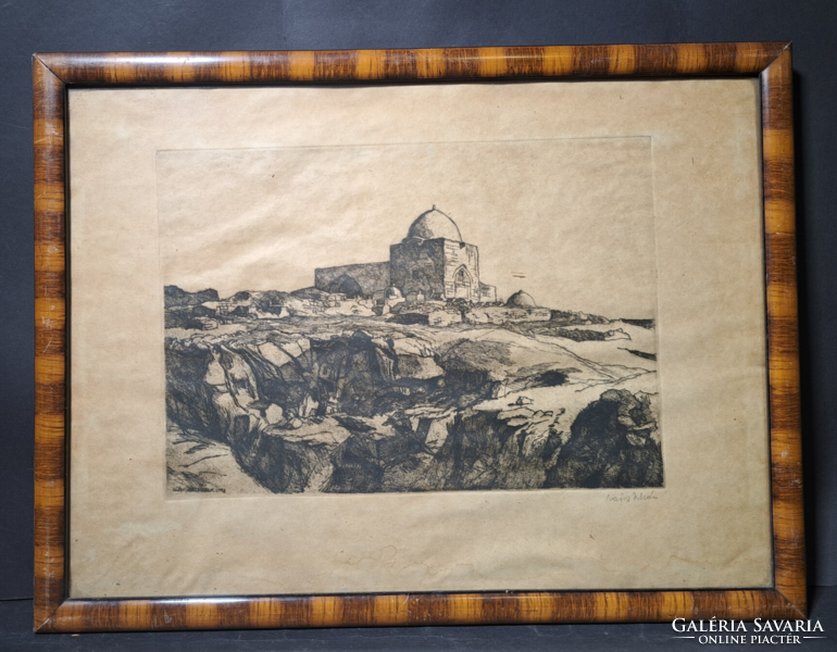 István Zádor: Bethlehem (signed etching, framed 53x40) historical, biblical city, birthplace of Jesus