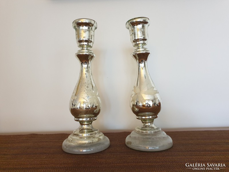 Bieder 33 cm, 2 pieces of old, large-sized huta glass antique candle holders with slats
