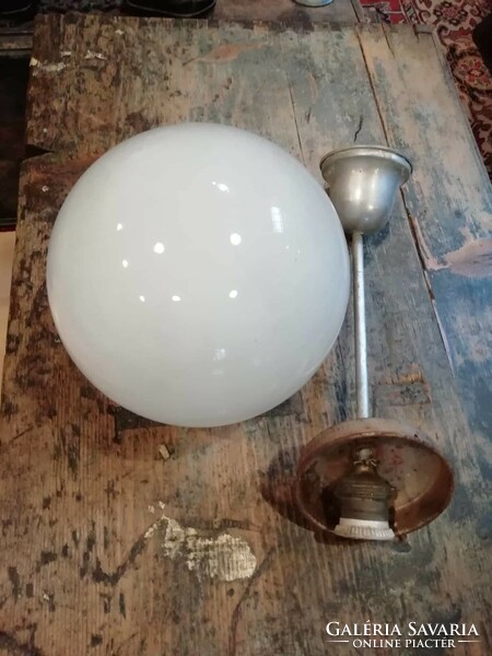 Art deco ceiling lamp, from the 1930s, with porcelain-copper socket, milk glass globe lamp, original
