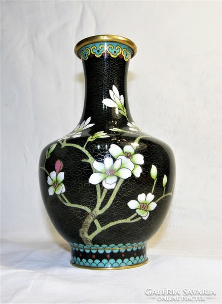 Rekesz zománc váza - Virágokkal és madárral - 17 cm