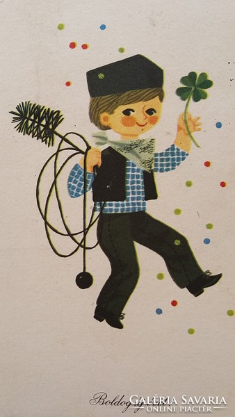Régi újévi képeslap kéményseprő lóhere rajzos levelezőlap