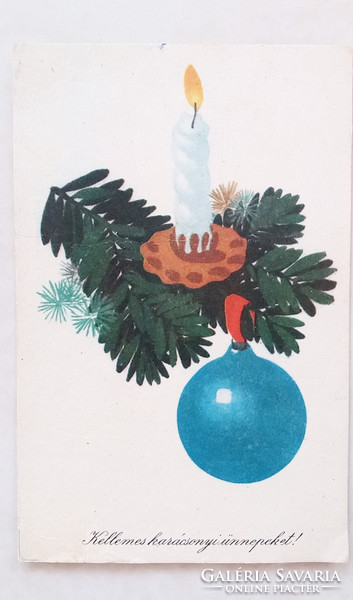 Old Christmas postcard with pine branch candle postcard